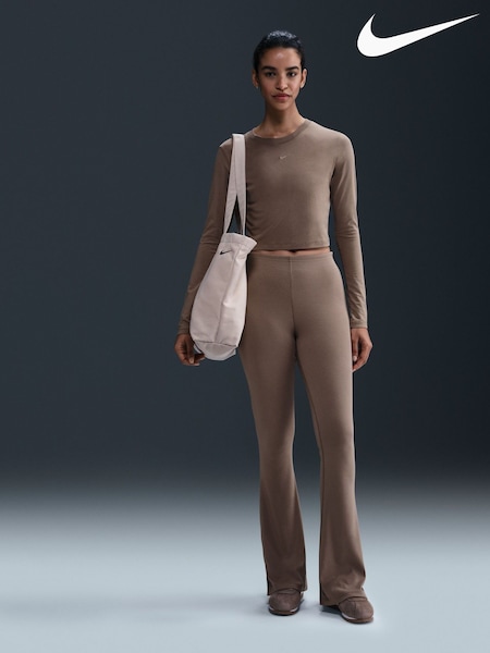 Nike Brown Chill Knit Tight Mini-Rib Flared Leggings (E46735) | £55