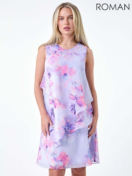 Roman Purple Floral Print Tiered Chiffon Dress (E46988) | £55