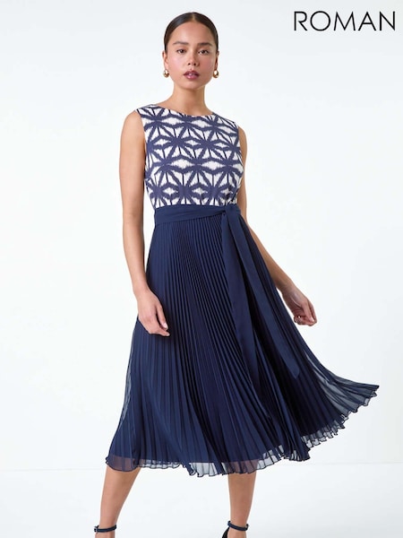 Roman Blue Geometric Print Pleated Midi Dress (E46990) | £70
