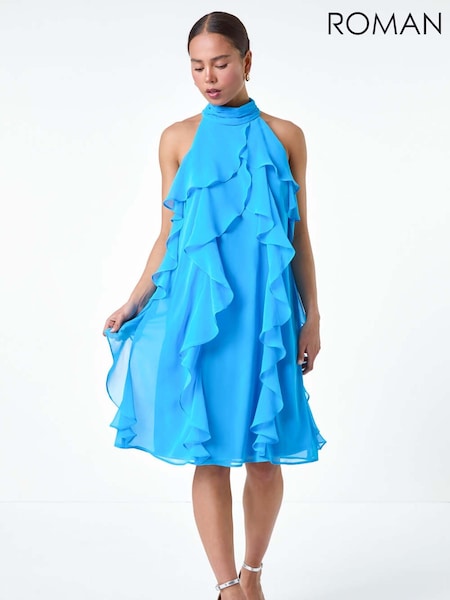 Roman Blue Halter Neck Ruffle Shift Dress (E47003) | £60