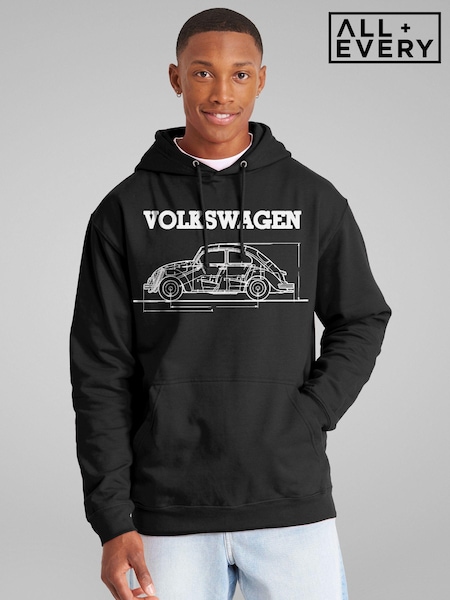 All + Every Black Mens Official Volkswagen Beetle Technical Diagram Hoodie (E47123) | £39