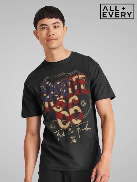 All + Every Black Mens 100% Cotton Route 66 US Flag Text T-Shirt (E47124) | £25