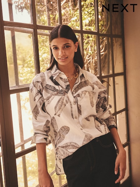 Kew Collection Ecru Palm Print 100% Linen Button Down Relaxed Long Sleeve Shirt (E47316) | £58