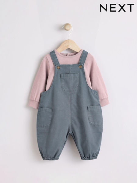 Charcoal Grey Baby Woven 100% Cotton Dungarees and Bodysuit Set (0mths-2yrs) (E47395) | £18 - £20