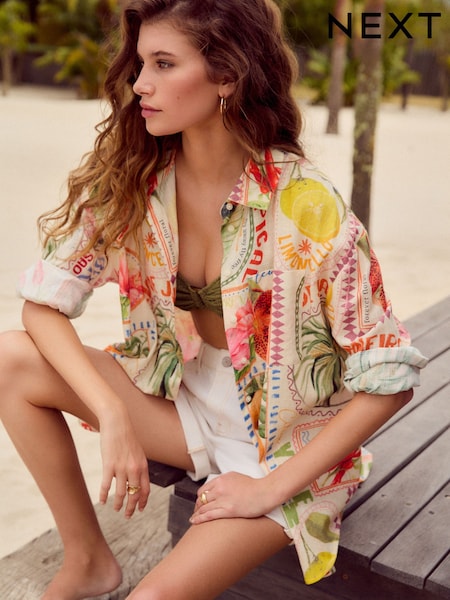 Multicoloured Postcard Print Long Sleeve Shirt With Linen (E47709) | £32
