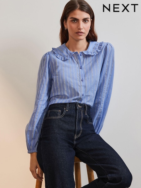 Blue Long Sleeve Peter Pan Collar 100% Cotton Blouse (E47838) | £38