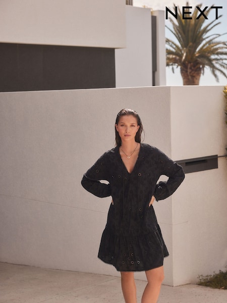 Black 3D Cornelli Embelished Long Sleeve Tiered 100% Cotton Mini Dress (E47851) | £60
