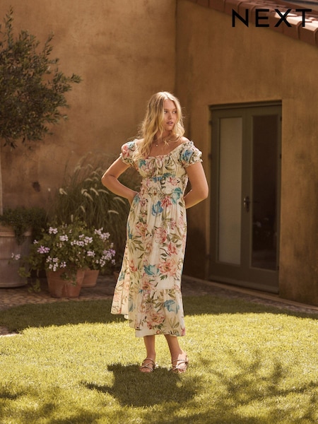 Cream Blue and Pink Floral Print Puff Sleeve Square Neck Tie 100% Cotton Front Midi Dress (E47855) | £54
