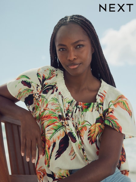 Ecru Palm Print Short Sleeve Tie Neck Bardot Top (E48188) | £28
