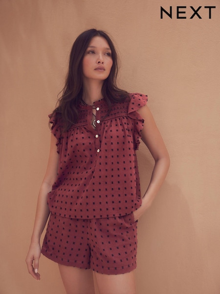 Rust Brown Embroidered Detail Ruffle Sleeve Blouse (E48194) | £30