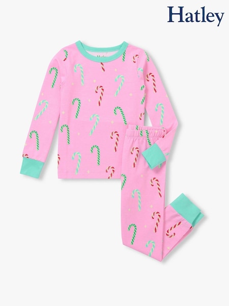 Pink - Hatley Pink Candy Canes Glow In The Dark Stretch Jersey Pyjama Set