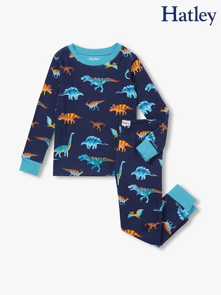 Blue - Hatley Colourful Dinos Cotton Rib Pyjamas Set