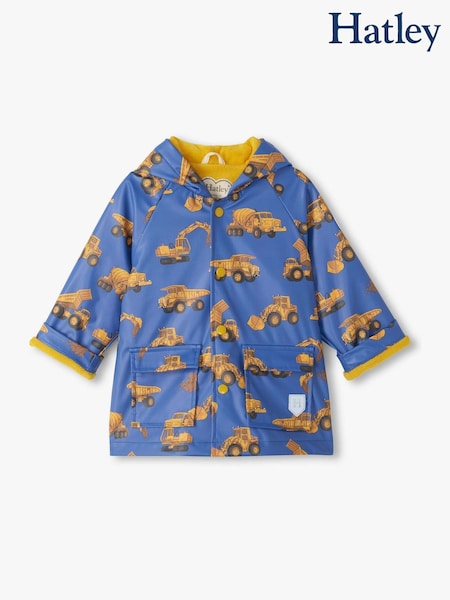 Blue - Hatley Construction Trucks Snap Rain Coat
