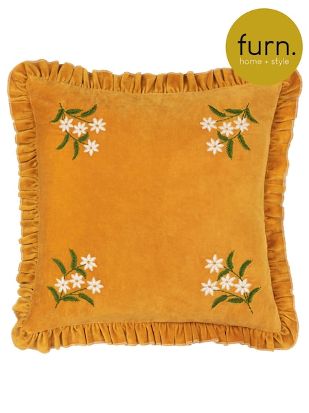 Furn Gold 100% Cotton Daisy Frill Embroidered Velvet Cushion (E48627) | £28