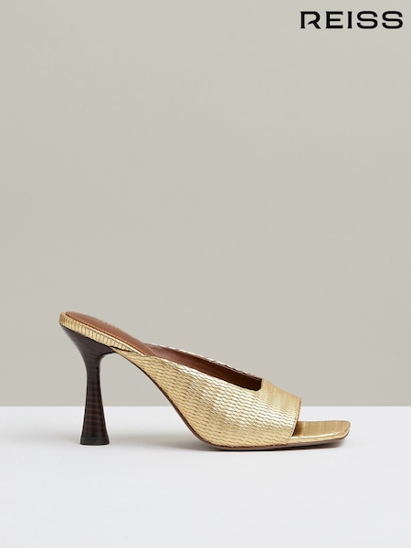 Reiss Gold Justine Leather Heeled Mules (E50690) | £158