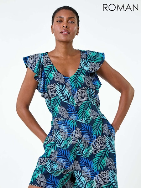 Roman Blue Tropical Leaf Print Linen Blend Playsuit (E51171) | £40
