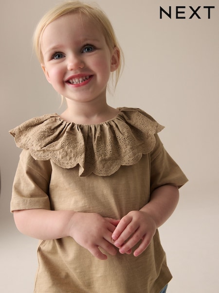 Brown Short Sleeve Broderie Collar 100% Cotton Top (3mths-7yrs) (E51281) | £7 - £9