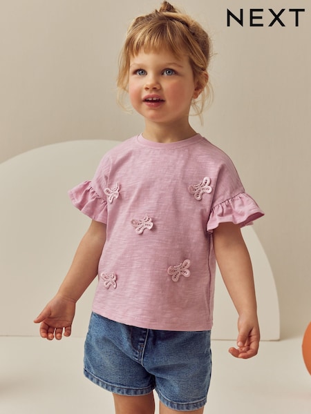 Pink Short Sleeve Butterfly Appliqué 100% Cotton T-Shirt (3mths-7yrs) (E51316) | £6 - £8