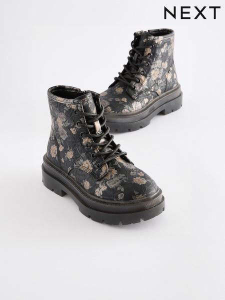 Black Floral Lace Up Chunky Ankle Boots (E51332) | £34 - £41