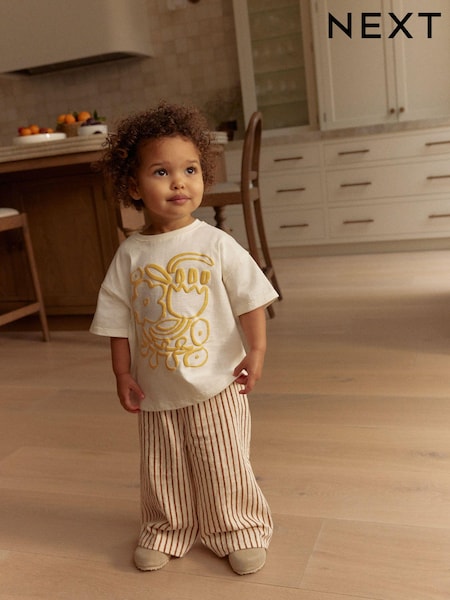 Cream Flower Short Sleeve 100% Cotton T-Shirt and Wide Trousers Set (3mths-7yrs) (E51373) | £12 - £16