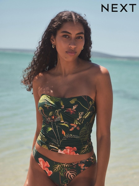 Dark Green Floral Wide Strap Tummy Control Bandeau Tankini Top (E51454) | £32