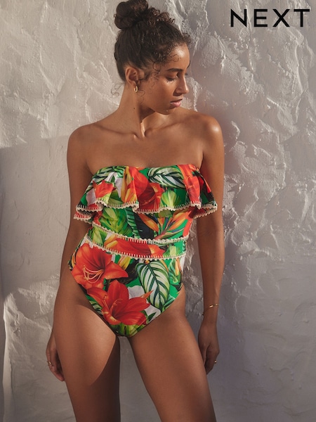 Red/Green Tropical Crochet Frill Tummy Control Bandeau Swimsuit (E51464) | £59