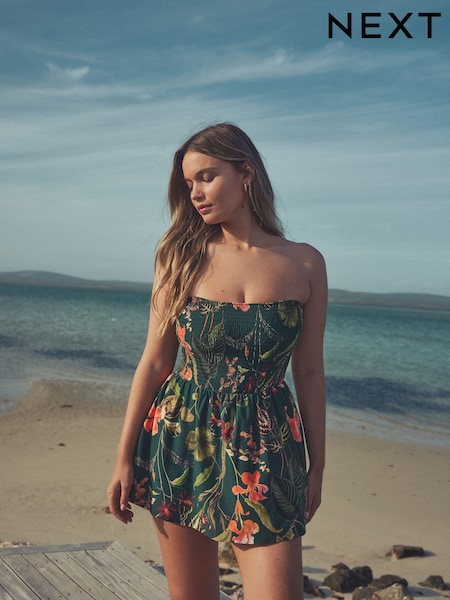 Dark Green Floral Shaping Shirred Bandeau Skirted Swimdress (E51498) | £45