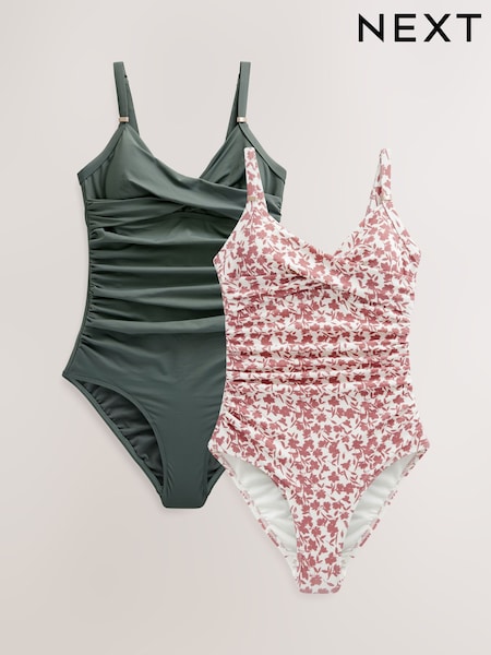 Pink Ditsy Floral, Khaki Tummy Control Swimsuits 2 Pack (E51606) | £60