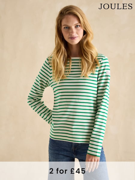 Joules Harbour Green/ White Boat Neck Breton Top (E51633) | £30