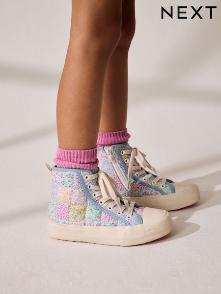 Blue Floral Quilted Lace-Up High Top Trainers (E51768) | £27 - £34