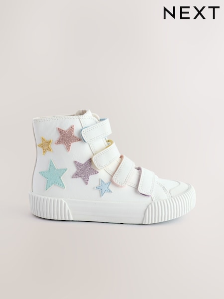 White Glitter Stars Wide Fit (G) High Top Trainers with Touch Close Fastening (E51771) | £26 - £33