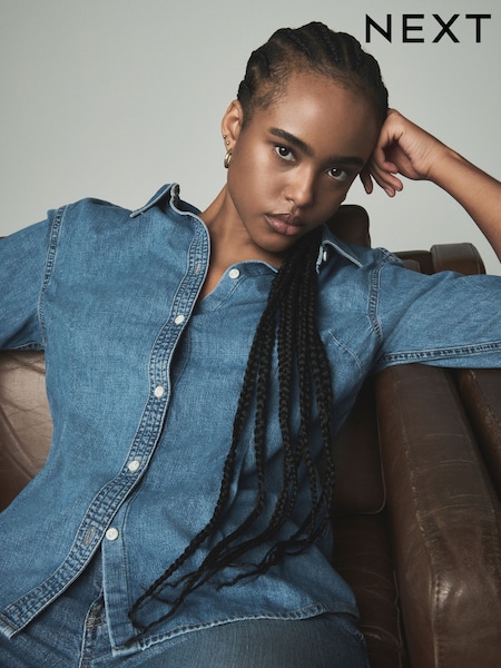 Mid Blue Fuller Bust Waist Cinch 100% Cotton Shirt (E51840) | £34