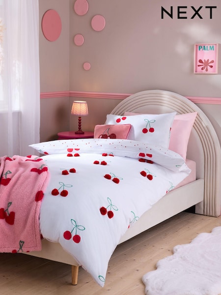 Red Cherry Poms Printed Polycotton Duvet Cover and Pillowcase Bedding Set (E51974) | £25 - £35