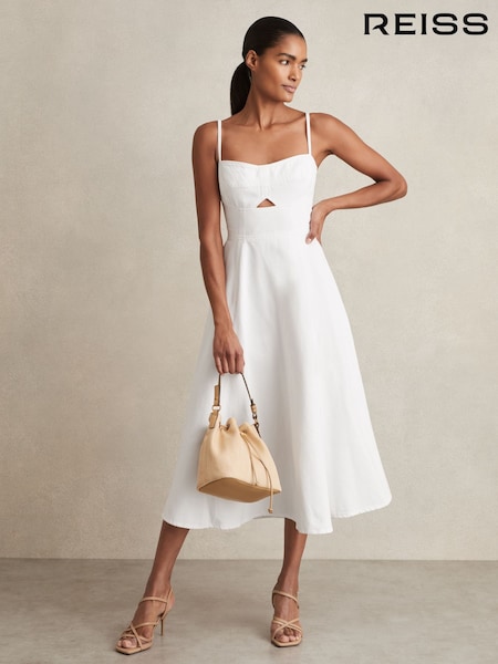 Reiss White Annie Denim Fit and Flare Midi Dress (E52508) | £238