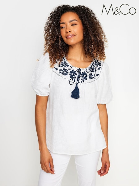 M&Co White Embriodered 100% Cotton Blouse (E53611) | £31