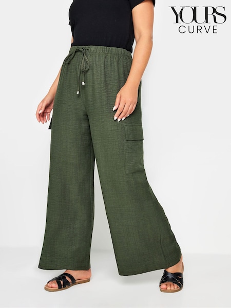 Yours Curve Green Linen Look Cargo Trousers (E53680) | £31