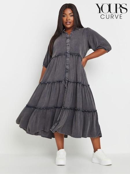 Yours Curve Grey Button Front Chambray Midi 100% Cotton Dress (E53681) | £34