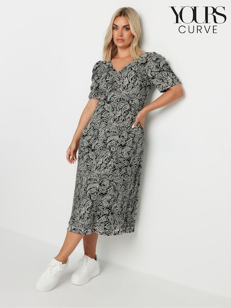 Yours Curve Black Paisley Print Textured Milkmaid Dress (E53682) | £37