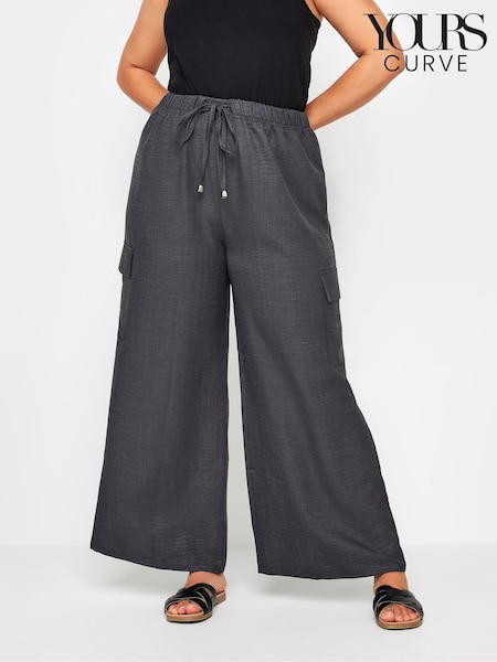 Yours Curve Grey Linen Look Cargo Trousers (E53689) | £31