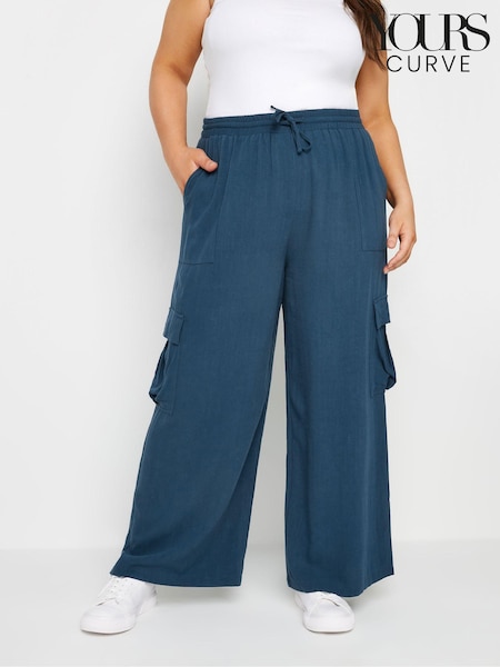 Yours Curve Blue Linen Look Cargo Trousers (E53707) | £31