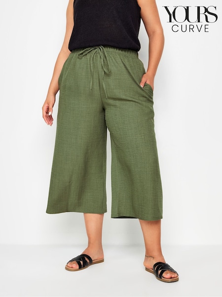 Yours Curve Green Linen Look Cropped Trousers (E53733) | £27