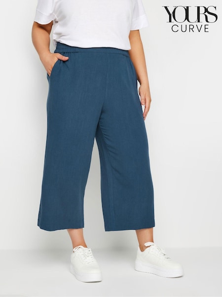 Yours Curve Blue Linen Look Cropped Trousers (E53742) | £27