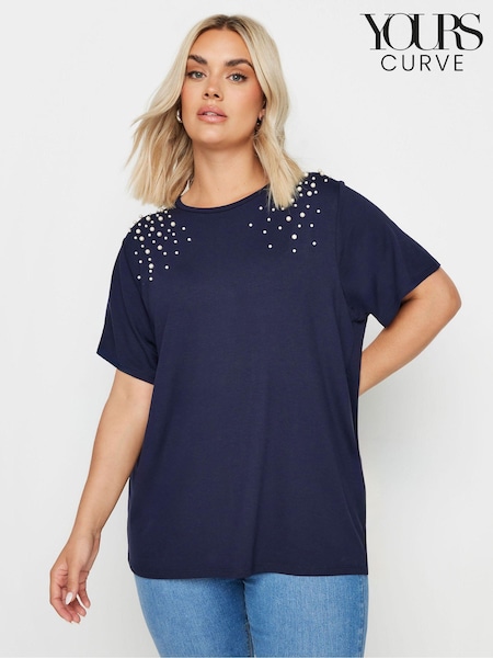Yours Curve Navy Blue Pearl Detail T-Shirt (E53746) | £28