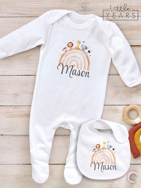 Little Years Personalised 100% Cotton Rainbow & Animal Print White Sleepsuit (E53942) | £16