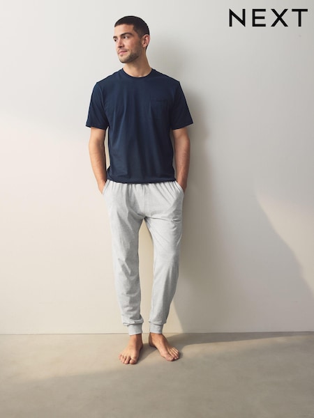Navy Blue/Grey Marl Cuffed Jersey Pyjamas Set (E53992) | £22