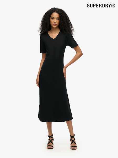 Superdry Black Short Sleeve V-Neck Midi Jersey 100% Cotton. Dress (E54011) | £35