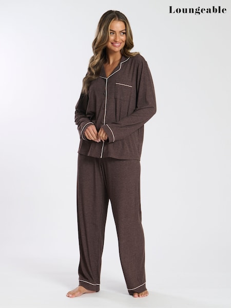 Loungeable Brown Soft Jersey Ribbed Button Through Long Chocolate Pyjamas (E54106) | £36