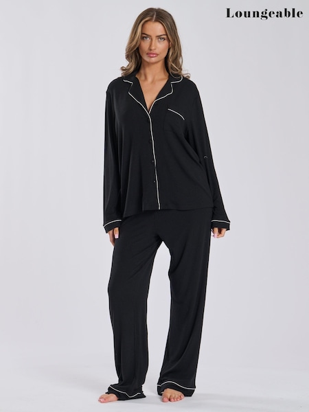 Loungeable Black Soft Jersey Ribbed Button Through Long Chocolate Pyjamas (E54108) | £36