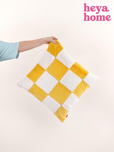 heya home Yellow Cozee Check Faux Fur Cushion (E54113) | £17