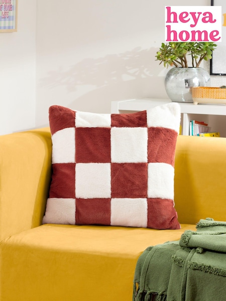 heya home Rust Cozee Check Faux Fur Cushion (E54114) | £17